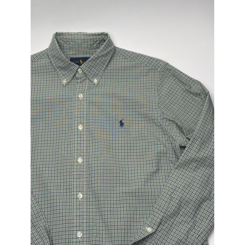 Ralph Lauren Mens Green Navy Micro Check Button Down Shirt Medium Long Sleeve - Picture 2 of 8